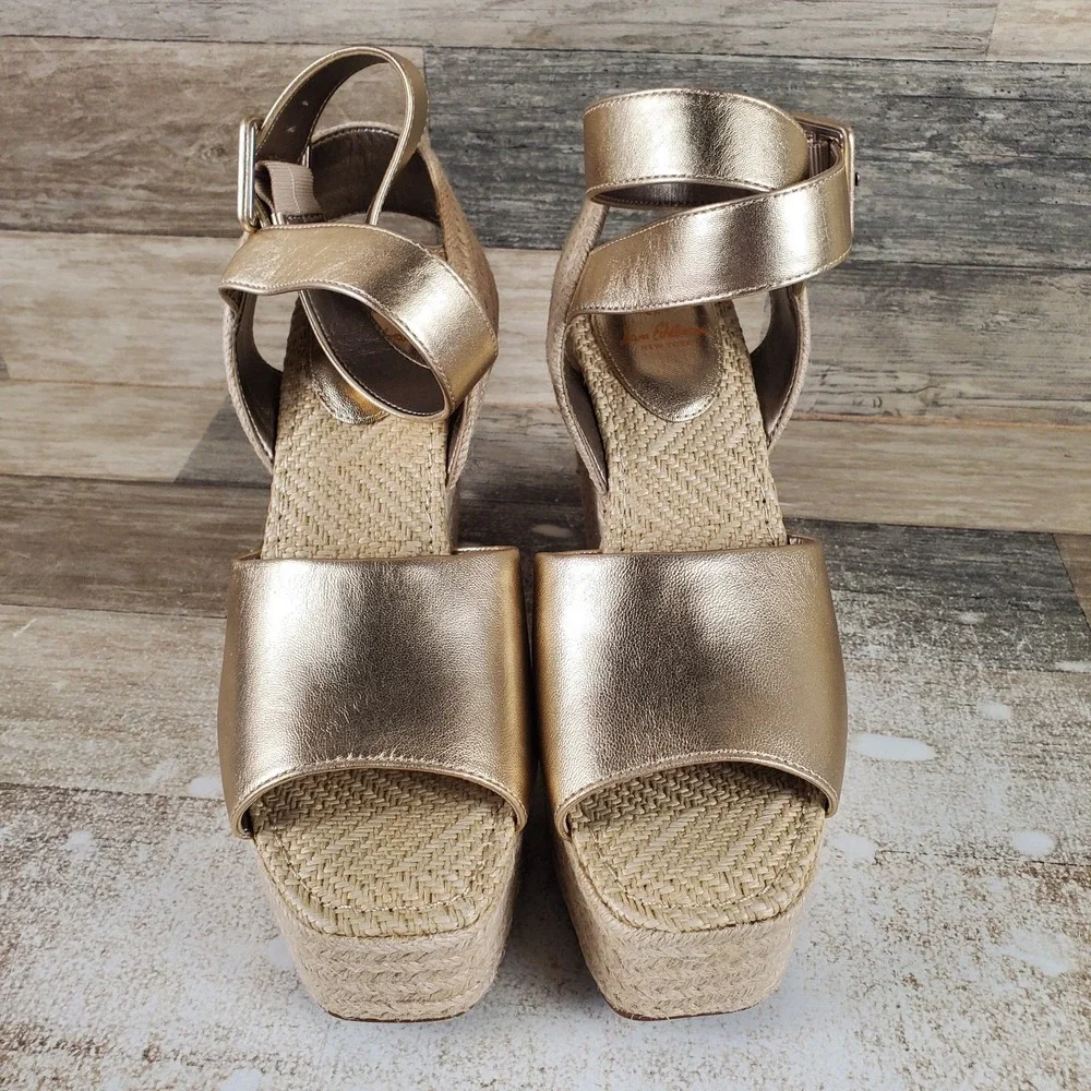Sam Edelman Vada Women Espadrille Sandal Sz 9.5 Gold Leaf Ankle Strap Wedge Heel
